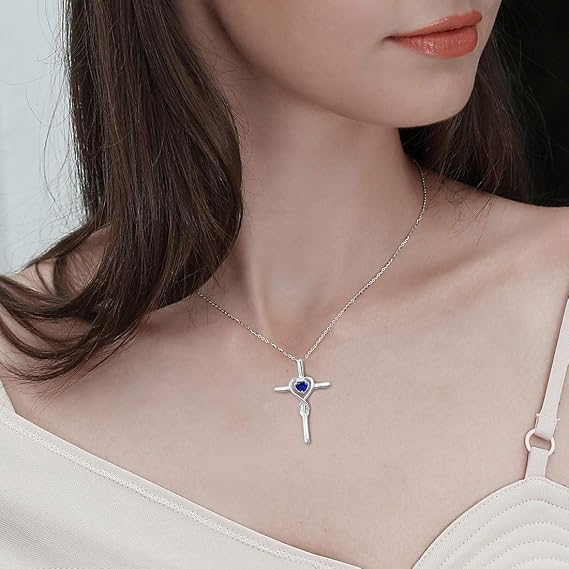 Elegant white gold necklace with sapphire heart stone, view 4 - Elena Harper