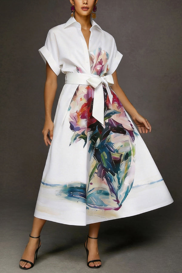 Fashionable Art Print Collared Short Sleeve Casual Pocket Midi Dress, view 2 - Elena Harper