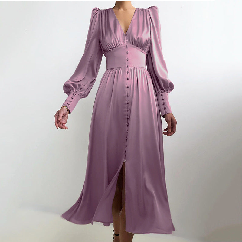 Elegant Midi Satin Dress – Puff Sleeves Buttoned