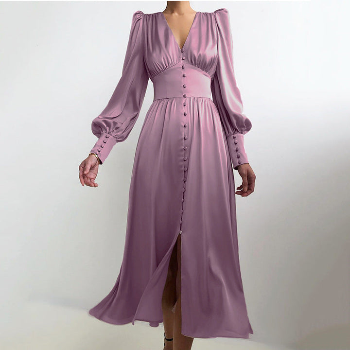 Elegant Midi Satin Dress – Puff Sleeves Buttoned