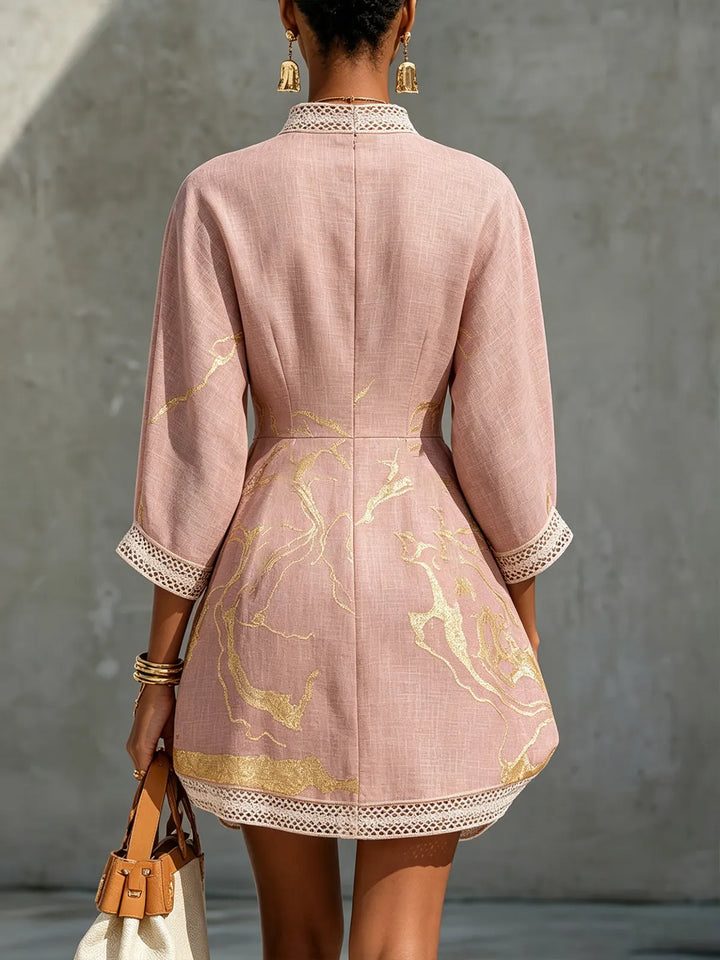 Boho V-Neck Crochet Lace Mini Dress - Pink Gold