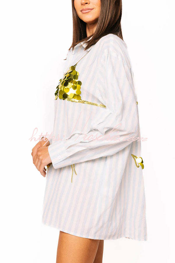 Vacation Vibe Gold Sequin Long-sleeved Bikini Pattern Blue & White Stripe Button Up Pocket Tunic (Shipped Within 24 Hours)