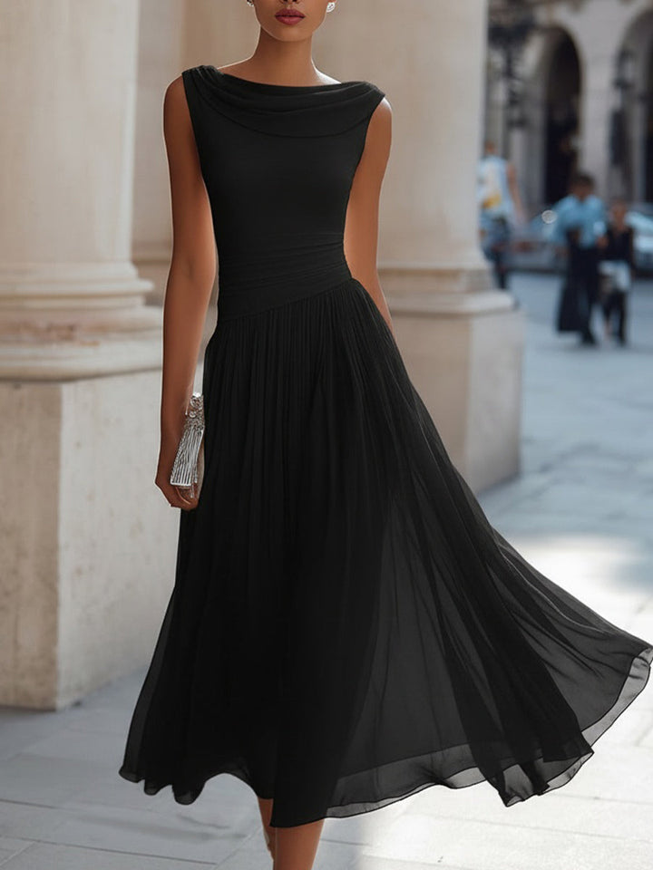 Draped Neck Sleeveless Pleated Midi Dress - Elena Harper