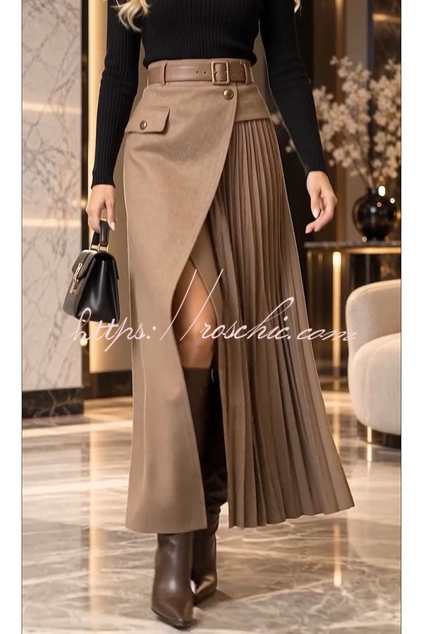 Distinctive Style High Rise Pocketed Pleated Hem Slit Maxi Skirt