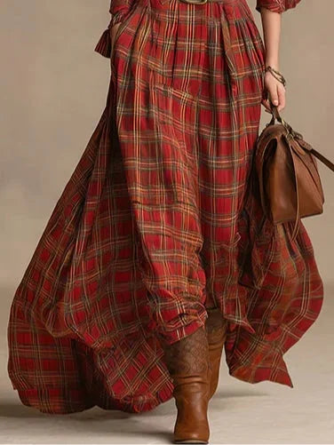 Maxi dress with lapels, long sleeves, button closure, and check pattern (including belt), view 3 - Elena Harper