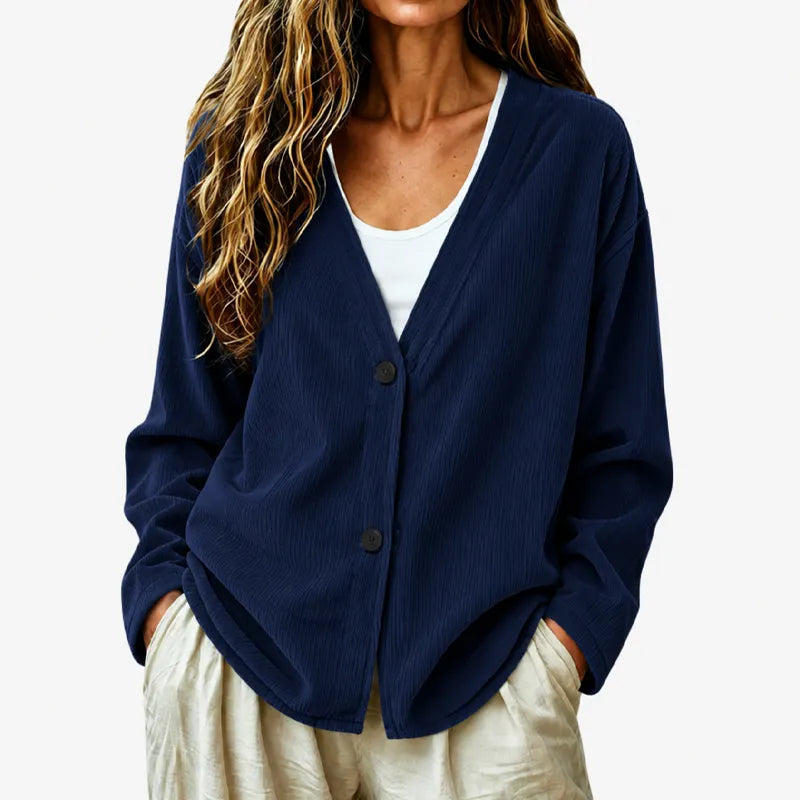 Women's Ribbed Buttoned V-Neck Cardigan, view 10 - Elena Harper