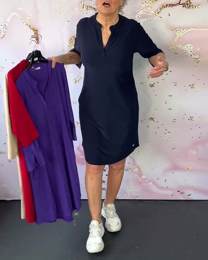 Women's Solid Color V-Neck Dress with Fluid Cut for Everyday Comfort