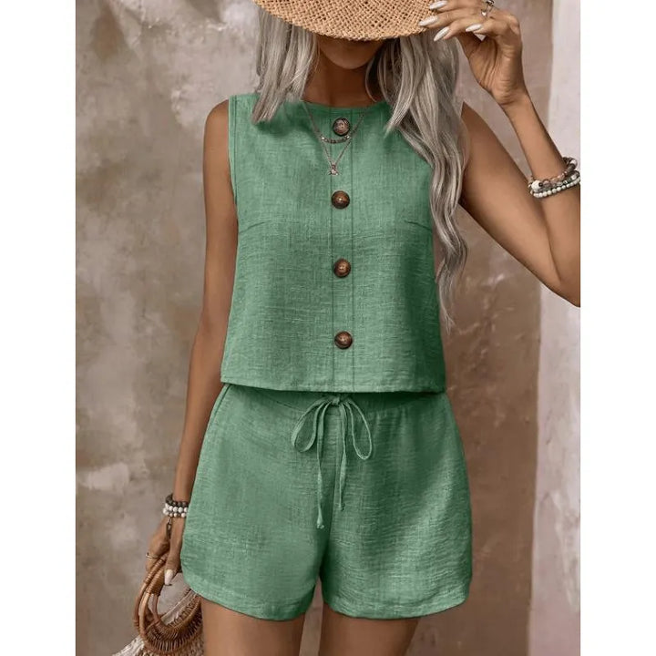 Summer Women's Set with Sleeveless Button Top and Adjustable Shorts