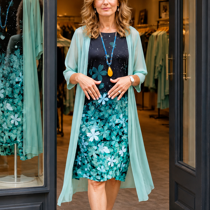 Bloomcast Floral Midi Dress And Sheer Duster Set - Elena Harper