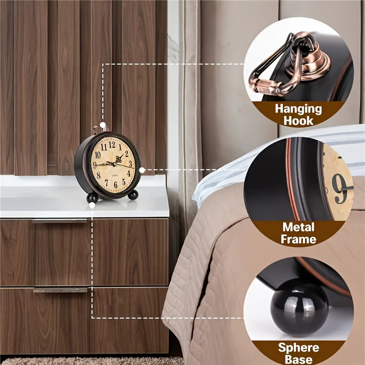 Retro Metal Alarm Clock with Silent Movement – Classic Size for Bedroom or Desk