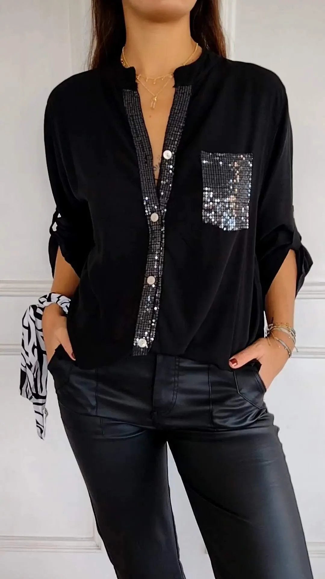 Women's Sequin Trim Button-Up Shirt - Elegant & Versatile