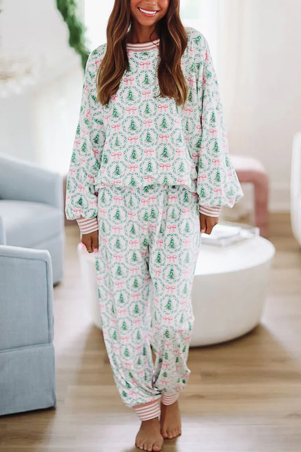 Christmas Print Loose Long-sleeved Top and Elastic Waist Casual Pants Set - Elena Harper