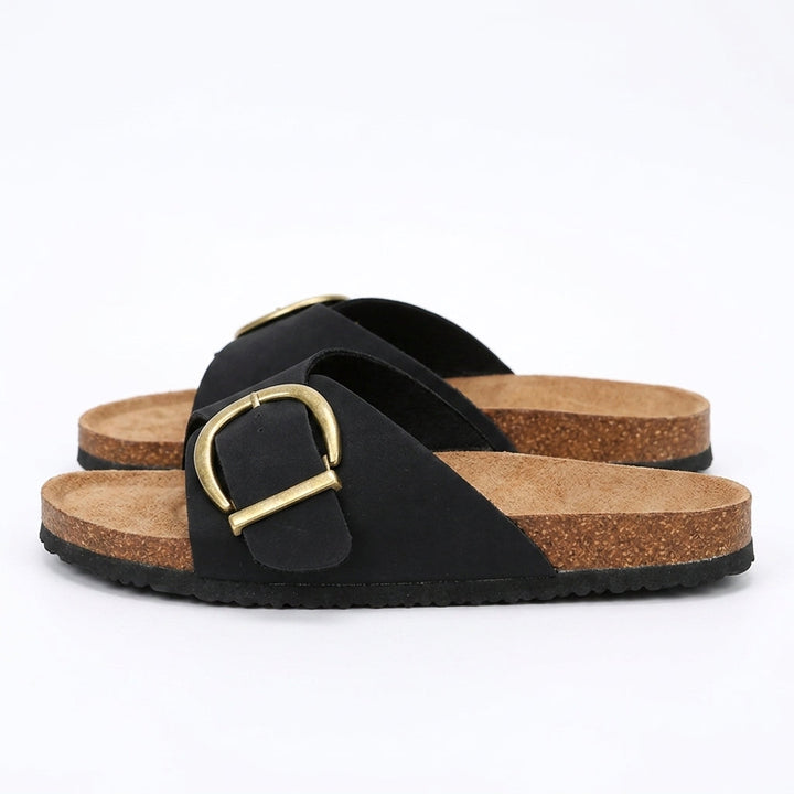 Black Buckle Slide Sandals Cork Footbed