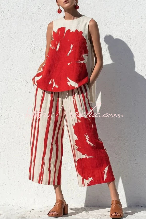 Abstract Brushstroke Sleeveless Tunic & Cropped Pant Set