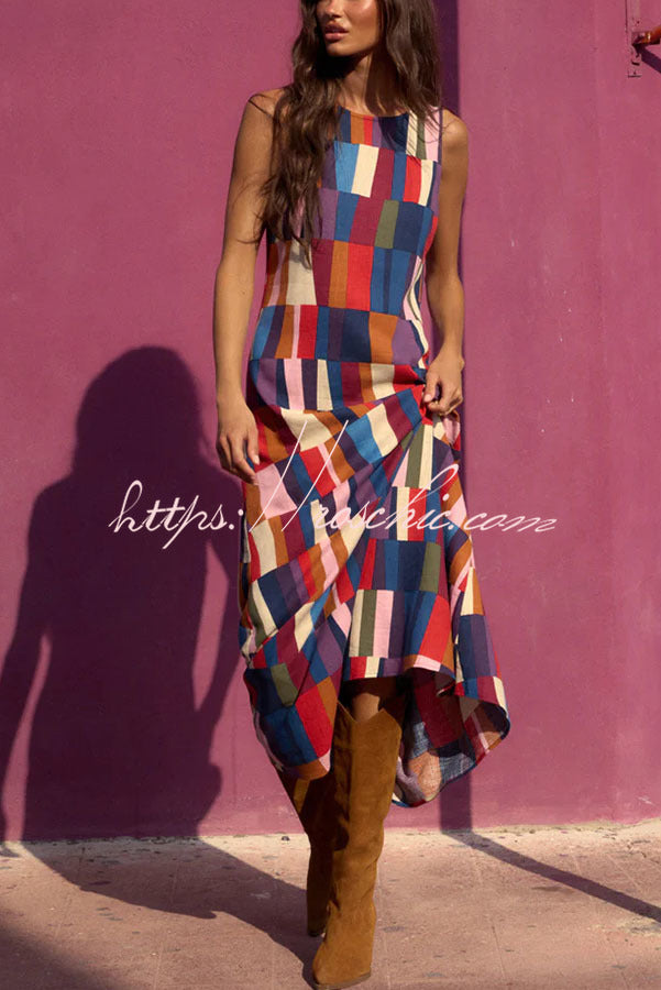 Retro Chic Linen Blend Colorful Color Block High Round Neck Sleeveless Maxi Dress, view 4 - Elena Harper