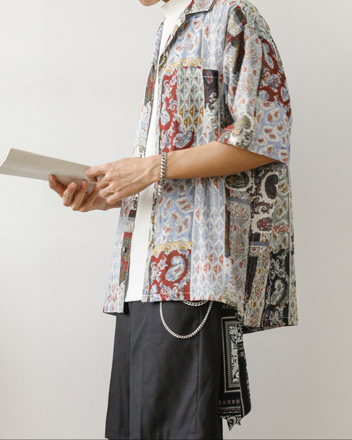 Men's Summer Retro Style Floral Print Shirt, Square Collar and Short Sleeves Cotton Blend, view 4 - Elena Harper