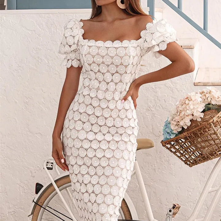 Women's Off-Shoulder Midi Dress with Short Sleeves