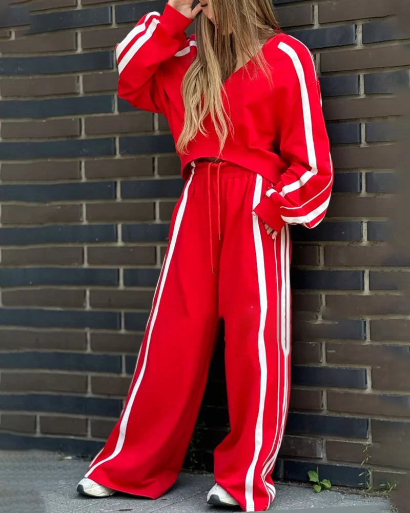 Two-piece striped knit set with wide pants, view 2 - Elena Harper
