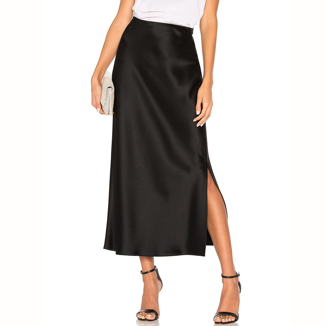 High-Waisted Midi Skirt with Asymmetrical Slit and Elastic