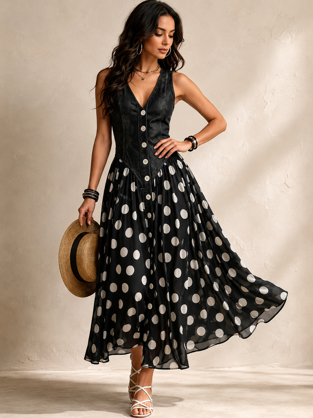 Bianca™ | Denim Maxi Dress with Dots