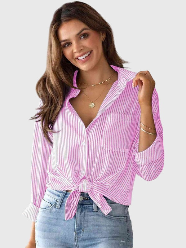 Ladies Striped Blouse with Bow and Collar