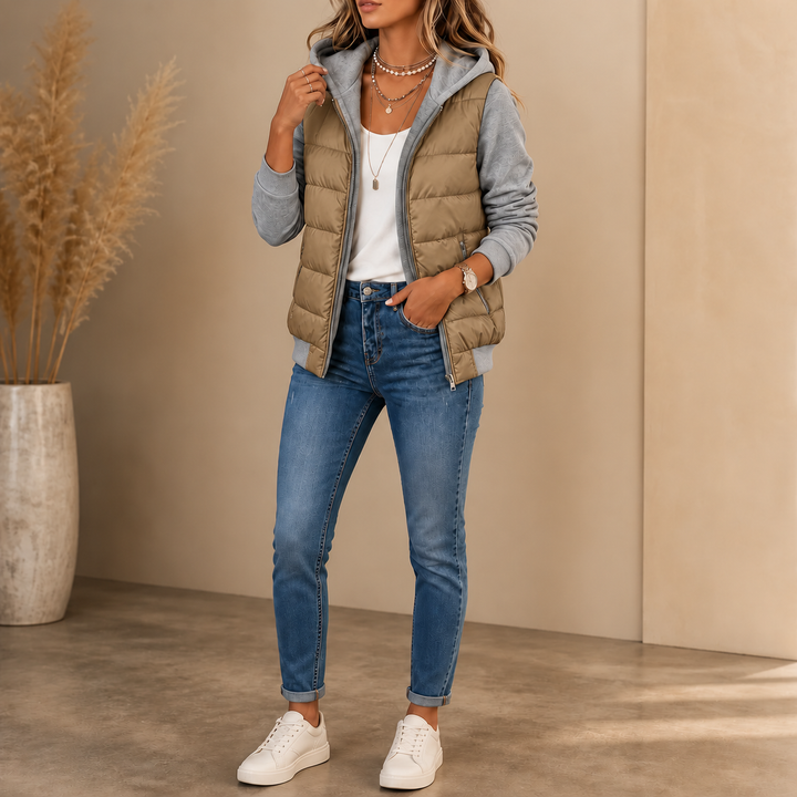 Coeza – Mixed-Media Quilted Puffer Knit-Sleeve Jacket
