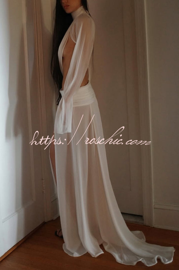 Sexy See-through High-neck Long-sleeved Draped Top and High-waisted Slit Maxi Skirt Vacation Set, view 4 - Elena Harper