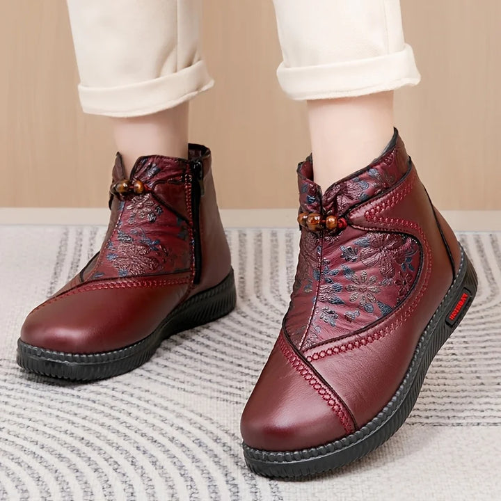 Robbie Vintage Leather Ankle Boots with Floral Pattern, view 3 - Elena Harper