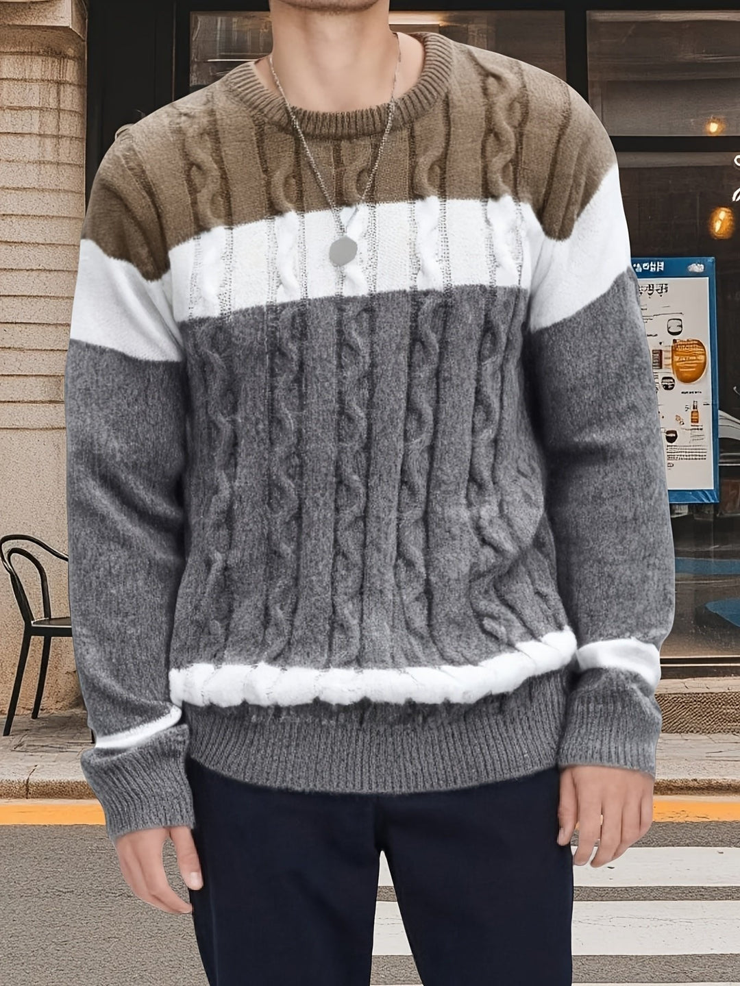 Markus | Timeless Knitted Sweater with Cable Knit Pattern and Color Block Design