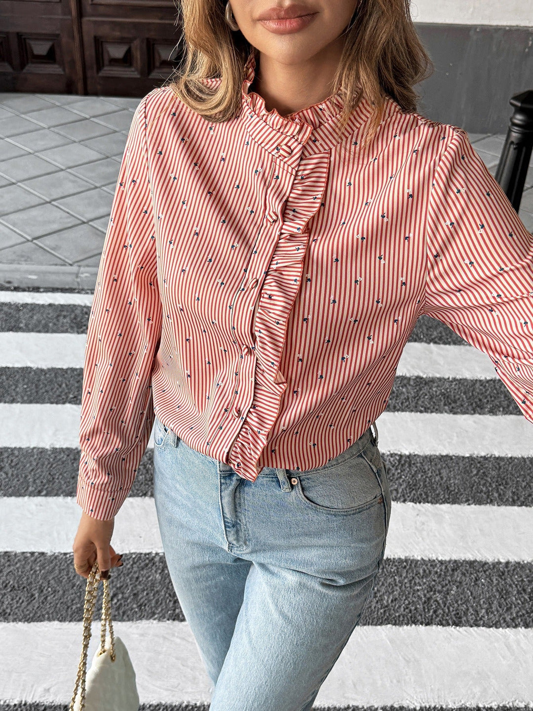 Long Sleeve Women's Blouse with Ruffles and High Neck - Lorena