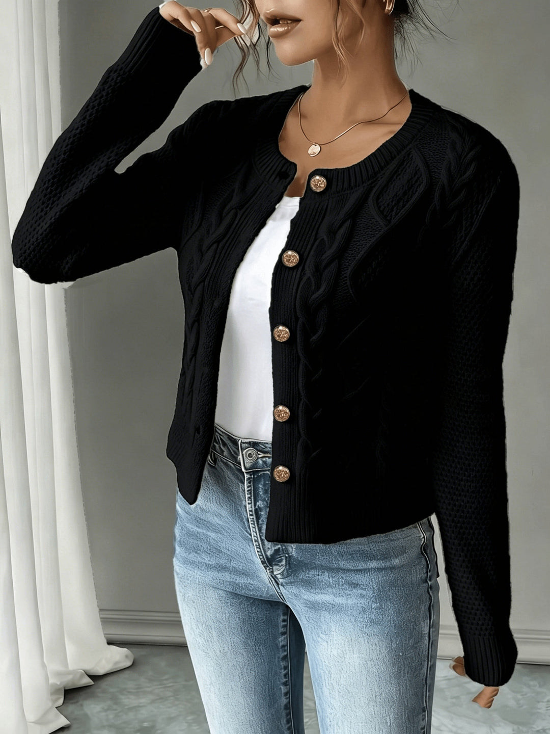 Isabelle - Elegant Twisted Knit Cardigan with Round Neck
