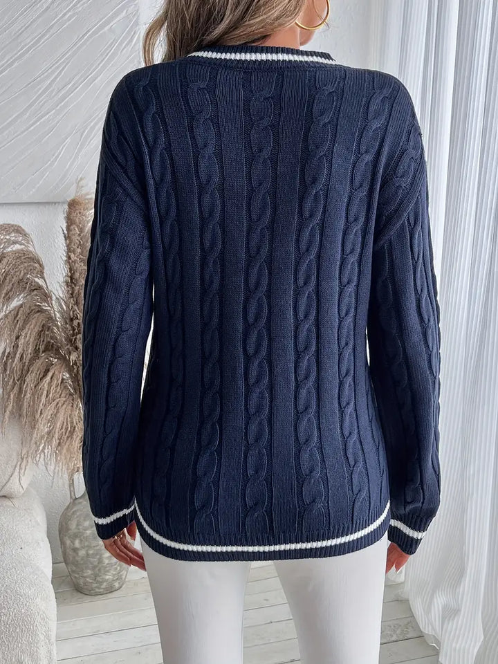 Women's V-Neck Cable Knit Sweater with Striped Trim