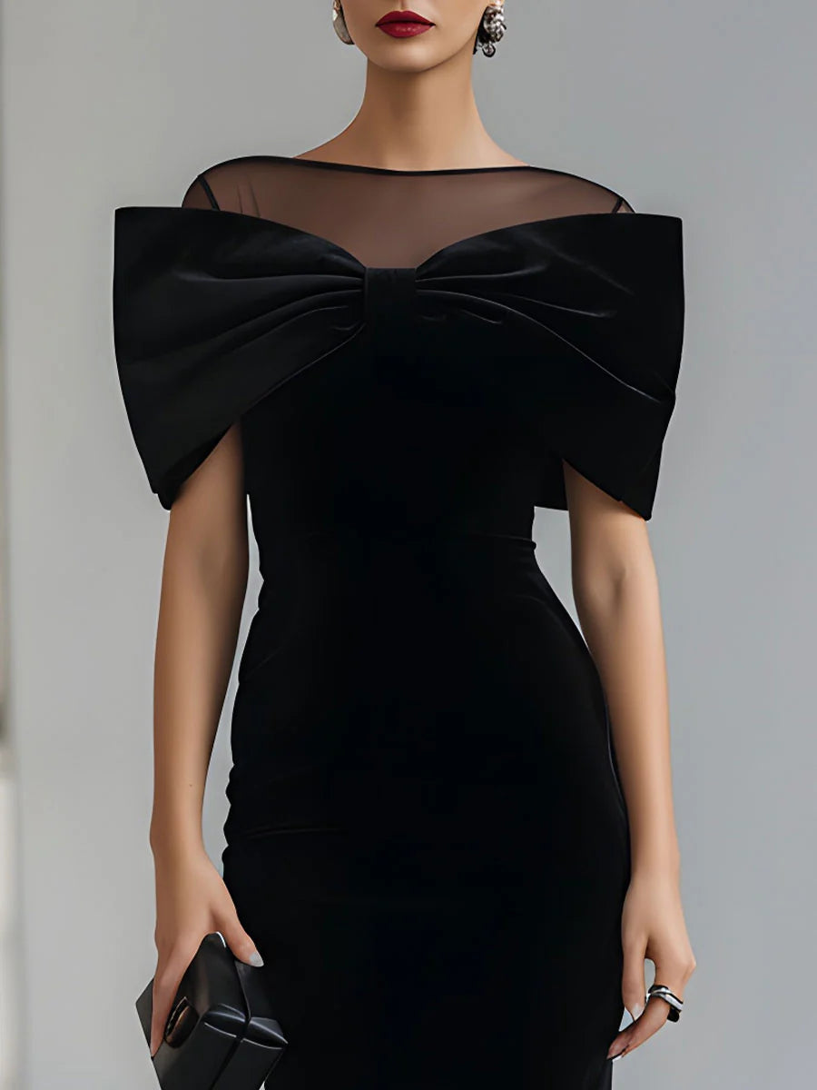 Dramatic Black Velvet Bow Midi Dress - Elena Harper