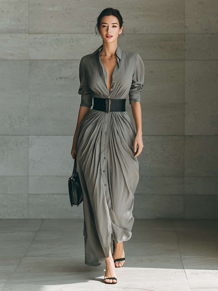 Women's Elegant Pleated Long Dress with Belt - Timeless Style