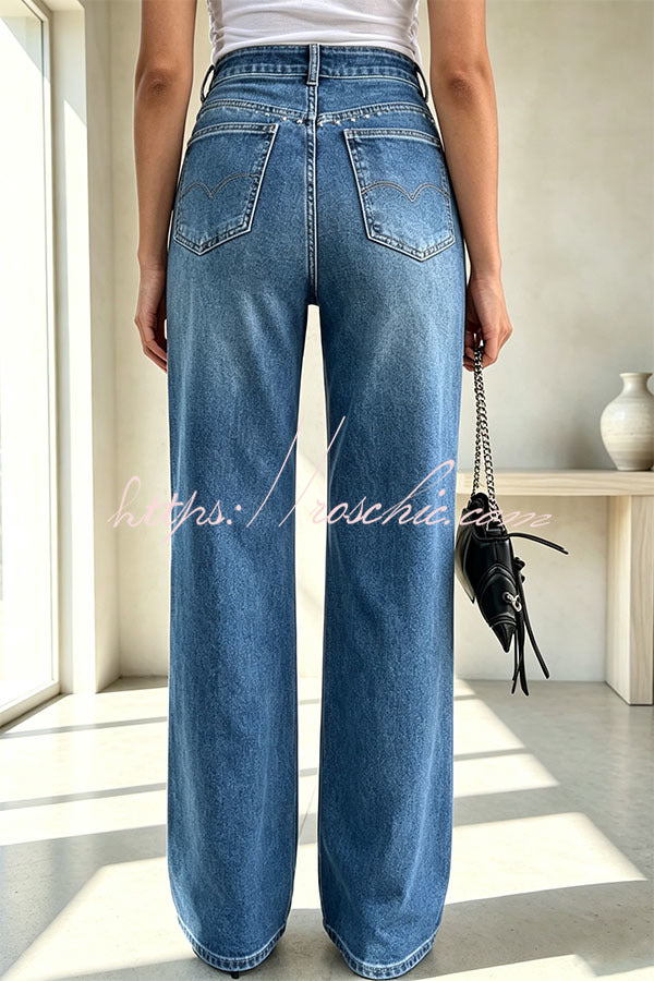 Trendy and Unique Denim Beaded High Rise Pocket Straight Leg Jeans