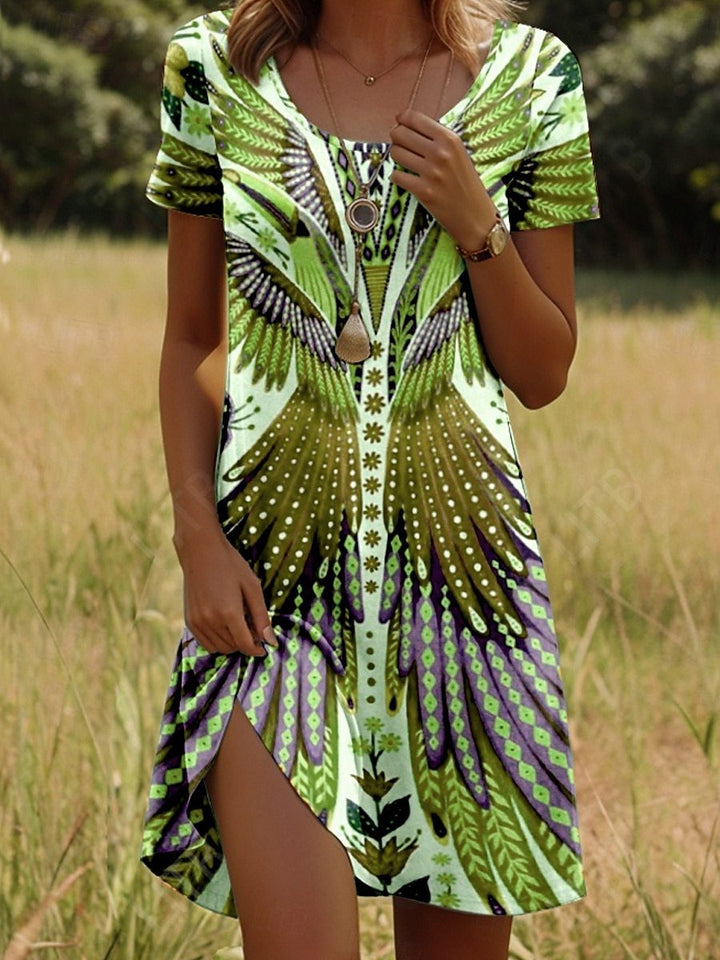 Short Dress with Ethnic Print, Light Cut, Short Sleeves, view 3 - Elena Harper