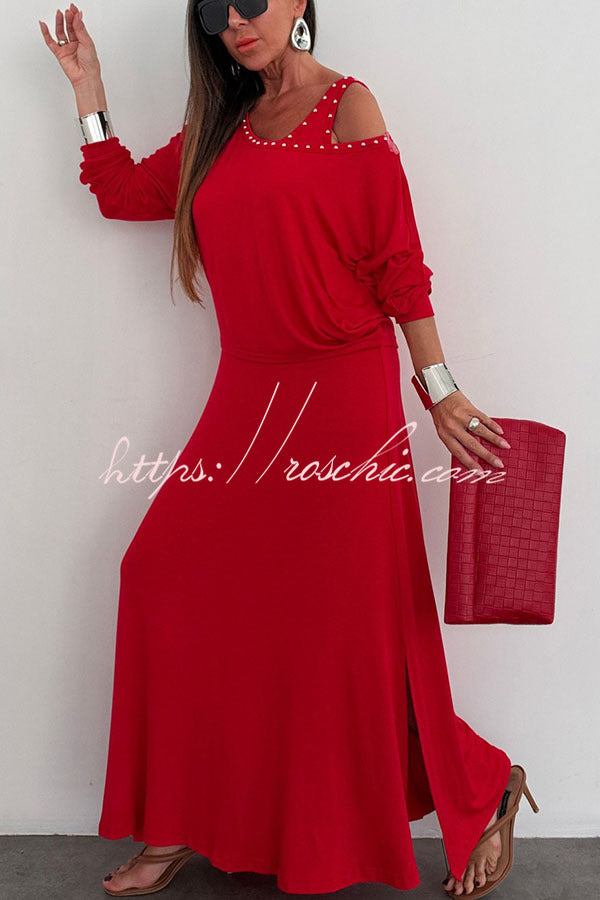 Samara Modal Beaded Detail Batwing Sleeves Loose Top and Tank Slit Maxi Dress Two Pieces Set