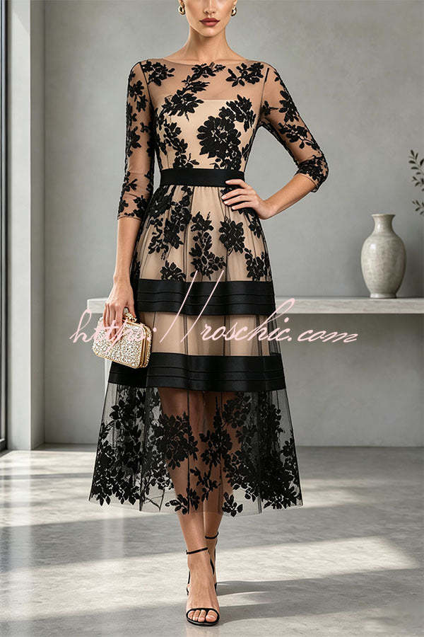 Alana Flower Mesh Colorblock Boat Neck Half Sleeve A-line Midi Dress, view 2 - Elena Harper