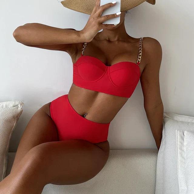 Padded Chain Strap High-Waisted Bikini Set