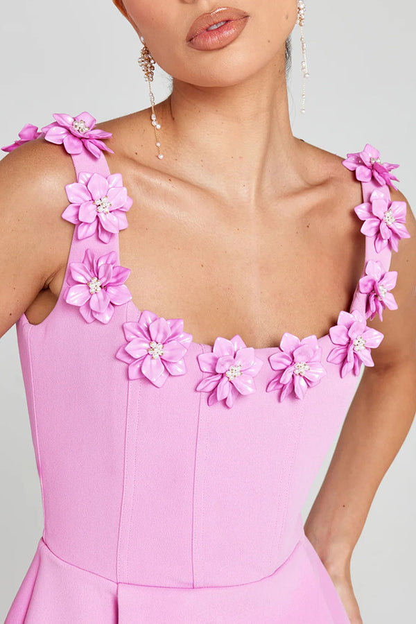Cindy Feminine Mini Dress with Floral Applications - Elena Harper