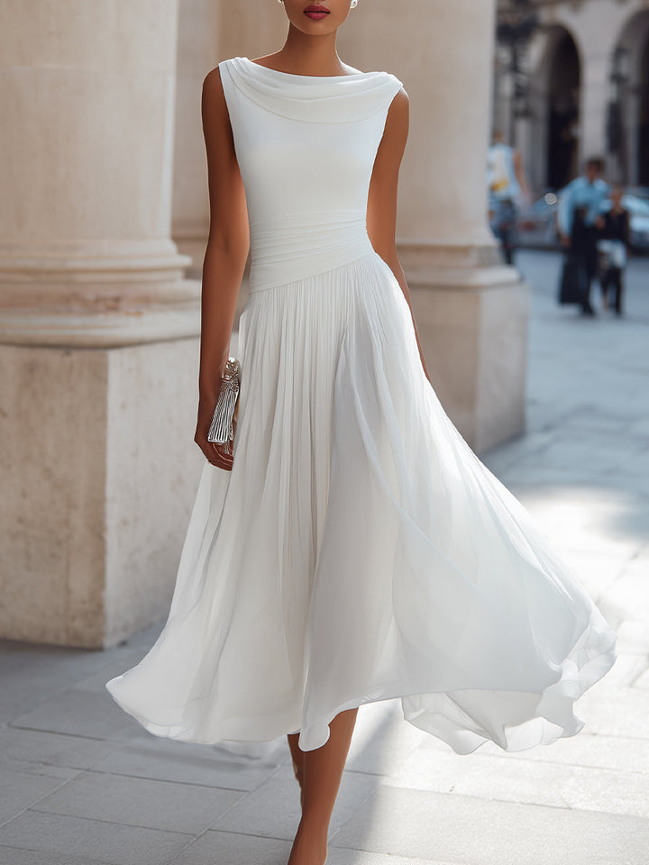 Draped Neck Sleeveless Pleated Midi Dress - Elena Harper