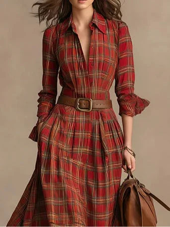 Maxi dress with lapels, long sleeves, button closure, and check pattern (including belt), view 2 - Elena Harper