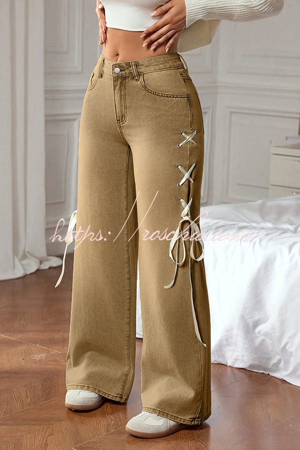 Fashionable Denim Mid Rise Side Ribbon Lace-up Pocket Wide Leg Jeans, view 9 - Elena Harper