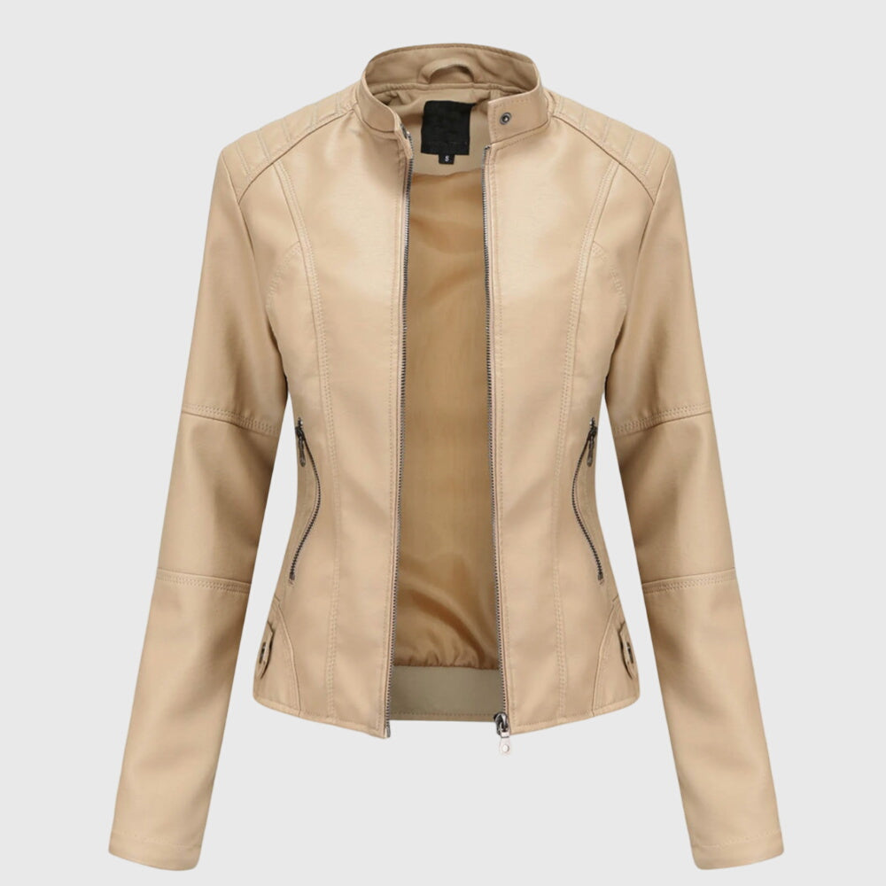 Zipped Leather Jacket for Women with High Collar