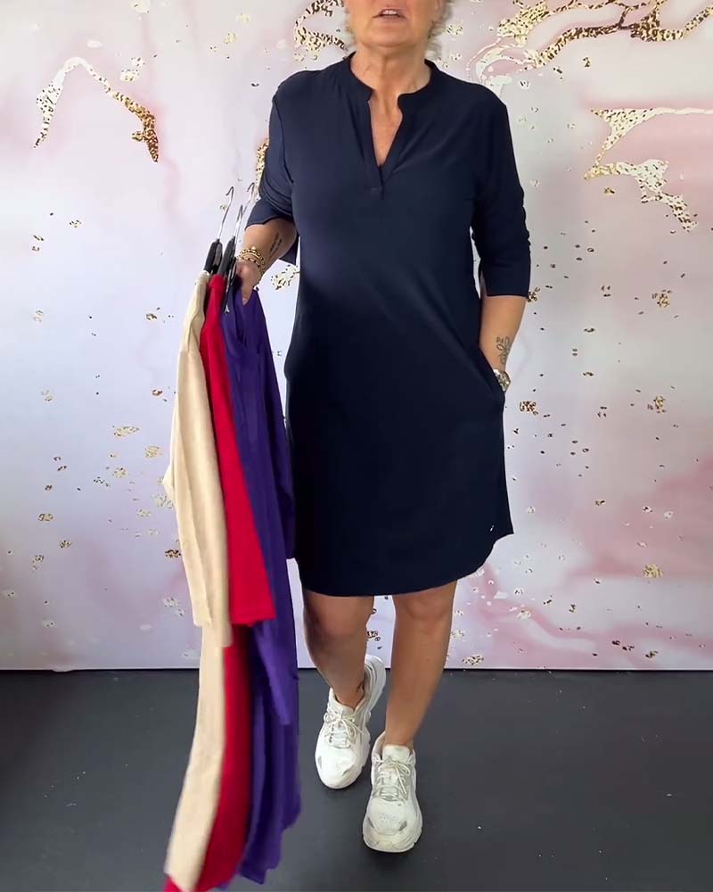 Olivia Comfortable Casual Dress with Solid V-neck - Elena Harper