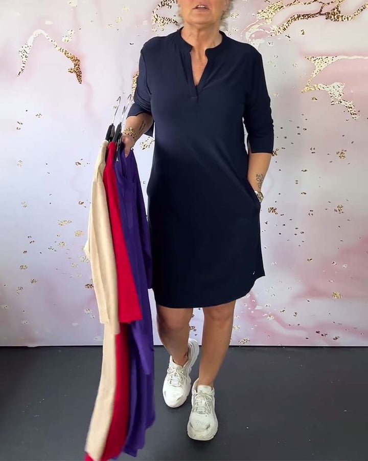 Olivia Comfortable Casual Dress with Solid V-neck - Elena Harper