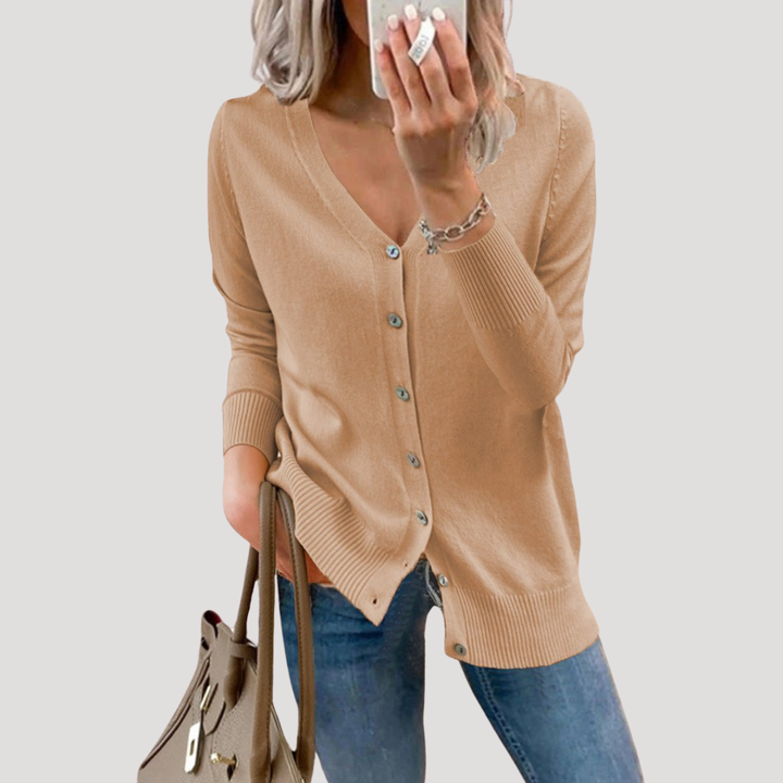 Women's V-Neck Knit Cardigan with Ribbed Cuffs