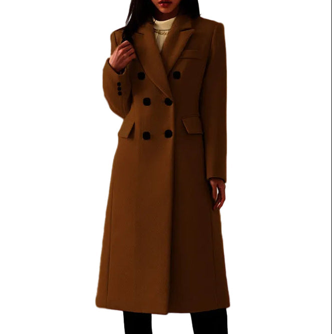 Wool Long Coat with Double Buttons – Elegant Burgundy Lapel Jacket