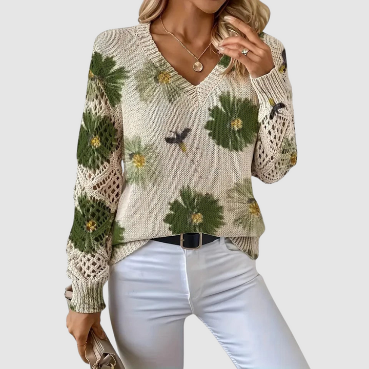 Meda Elegant Sweater with Floral Pattern, view 6 - Elena Harper