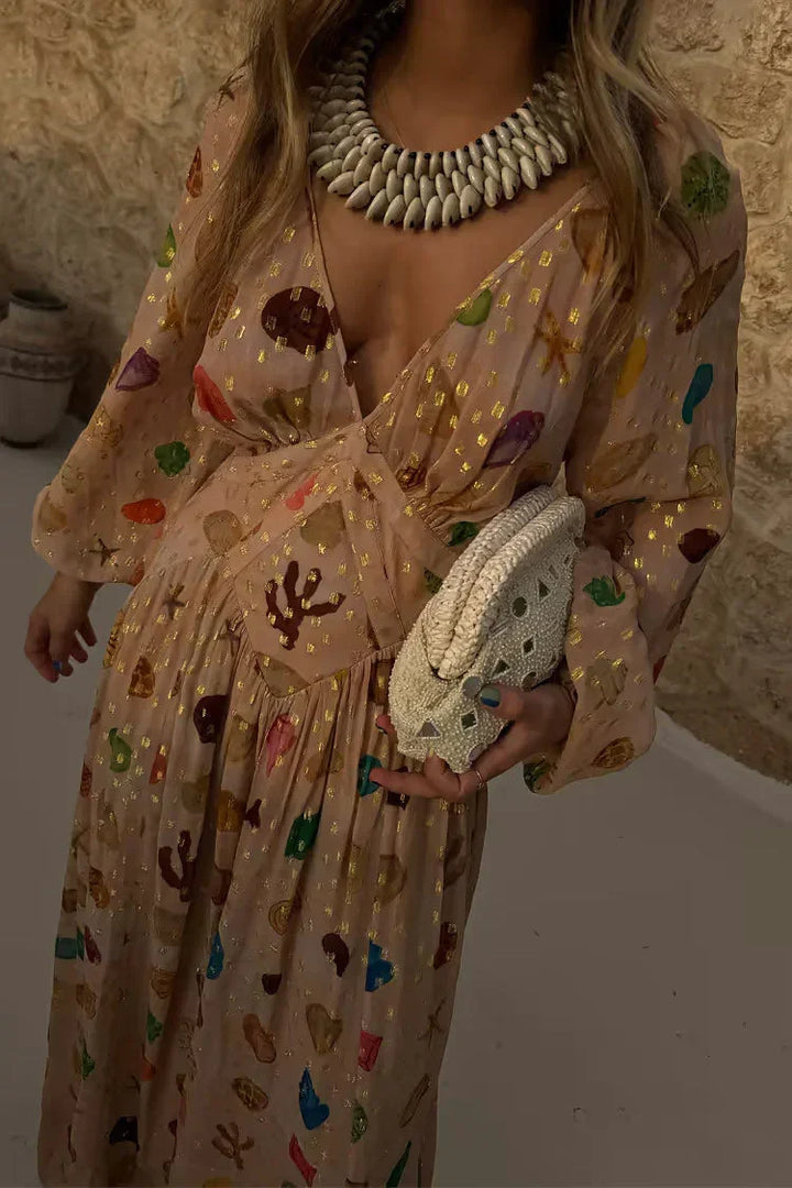 Alessandra - Dress with Marine Print and Golden Details
